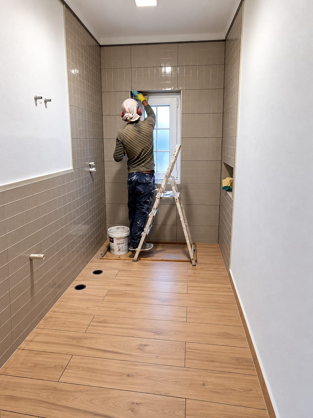 Casa de banho em obra: paredes revestidas a azulejo cinzento, pavimento imitação madeira e um trabalhador a fazer acabamentos junto à janela.